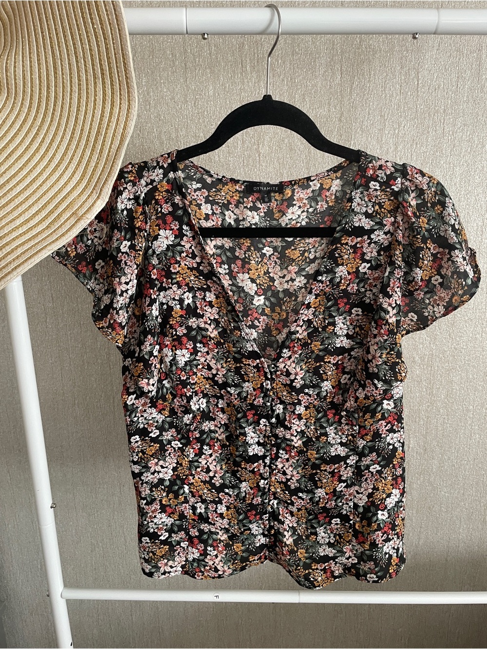 Dynamite Black Floral V-Neck Button Blouse with Multicolor Print